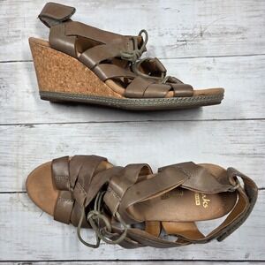 Clarks Collection Wedge Sandals Womens 8.5M Taupe Leather Strappy Cork‎ Heel